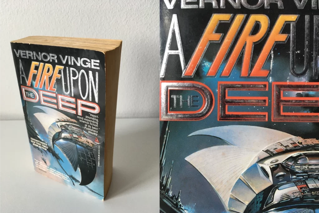 Book cover with silver chrome title text A FIRE UPON THE DEEP and illustration of a glittering spaceship (wide wings, long thin tail, like a manta ray).